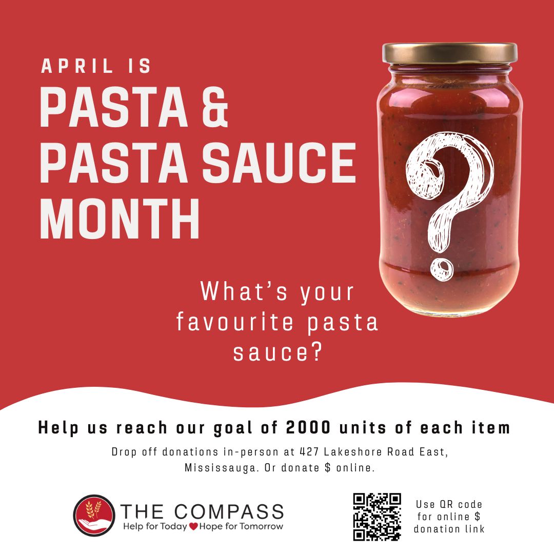 April 2024 is Pasta Month at The Compass Food Bank and Outreach Centre. Donate pasta, pasta sauce or funds!
